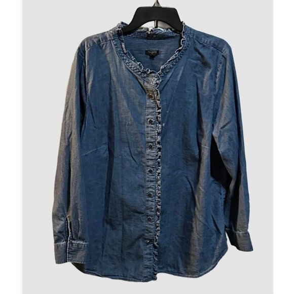 Talbots Plus 2X Chambray Shirt Ruffle Trim Button Front Denim Top Blouse Cotton - Picture 1 of 7